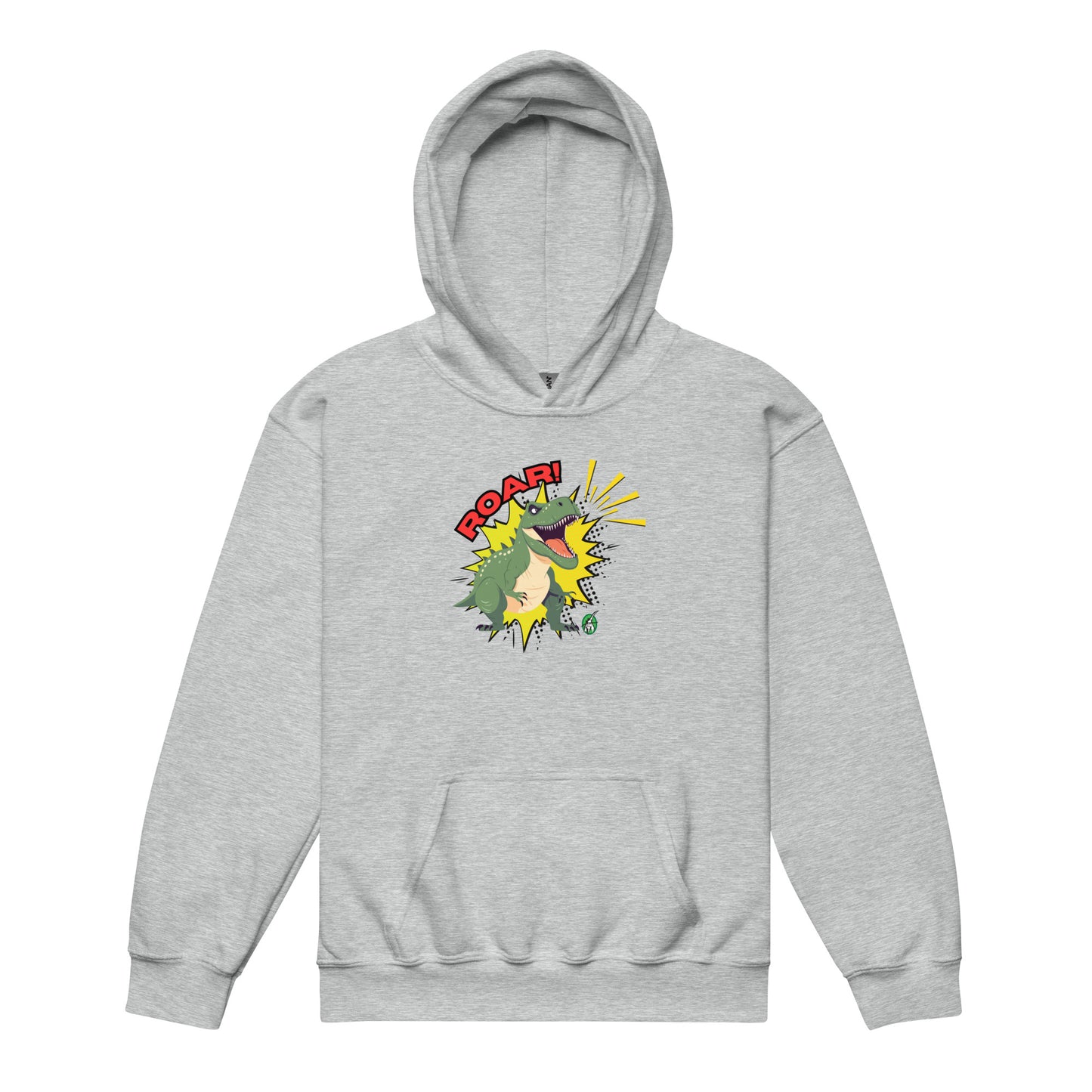 A Wizard Prints kids hoodie in grey with a printed graphic on the front of a cartoon dinosaur in green with the word, Roar!