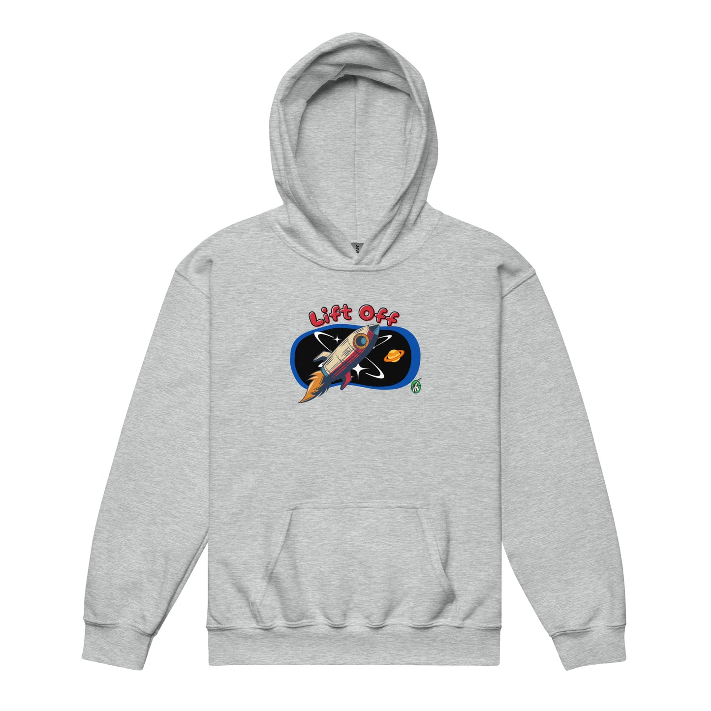 A Wizard Prints kids hoodie in grey with a printed graphic on the front of a spaceship with the words, Lift Off