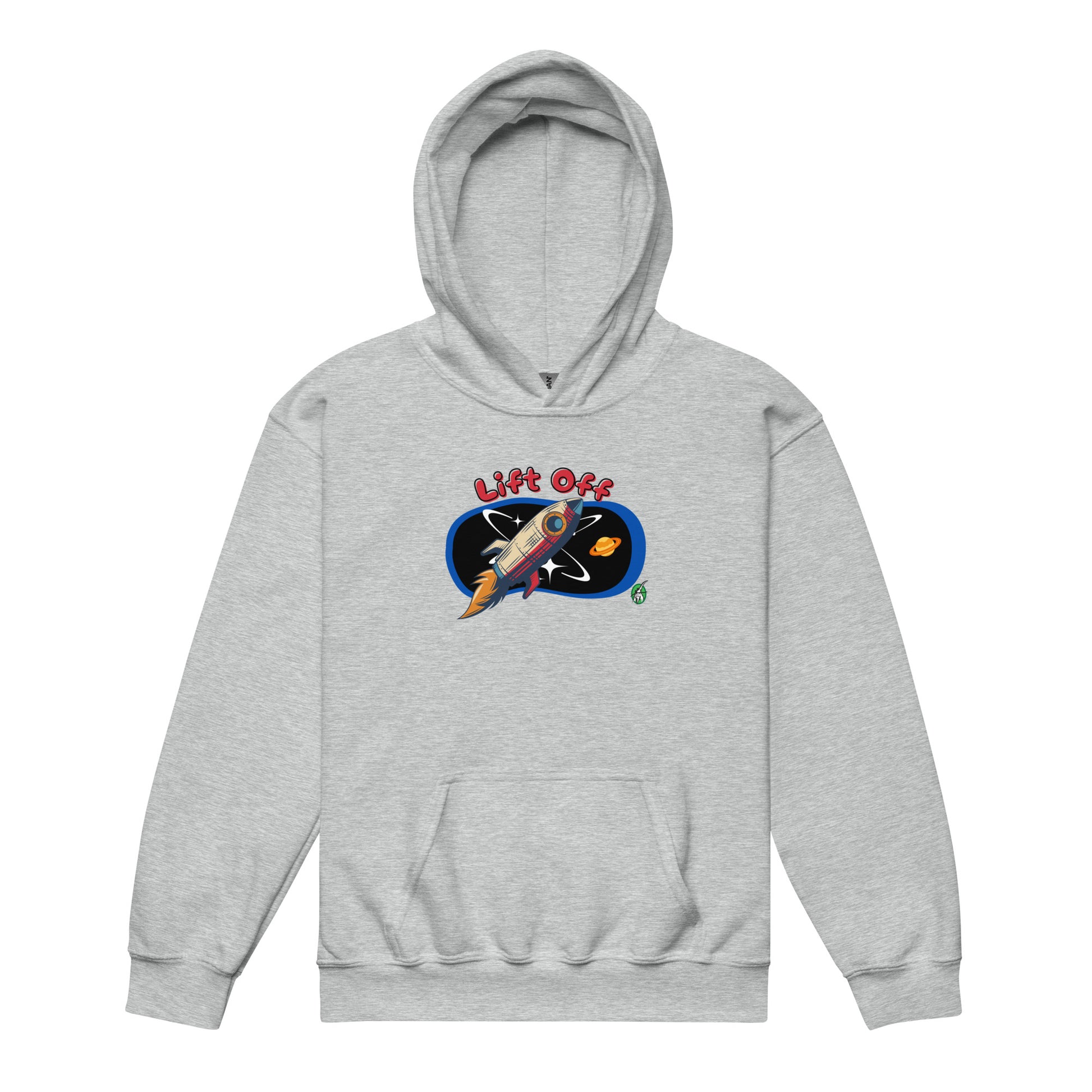 A Wizard Prints kids hoodie in grey with a printed graphic on the front of a spaceship with the words, Lift Off