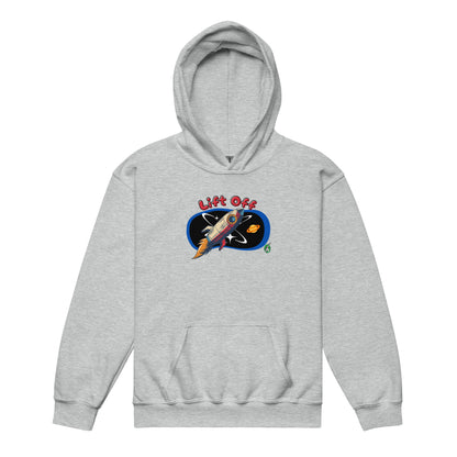 A Wizard Prints kids hoodie in grey with a printed graphic on the front of a spaceship with the words, Lift Off