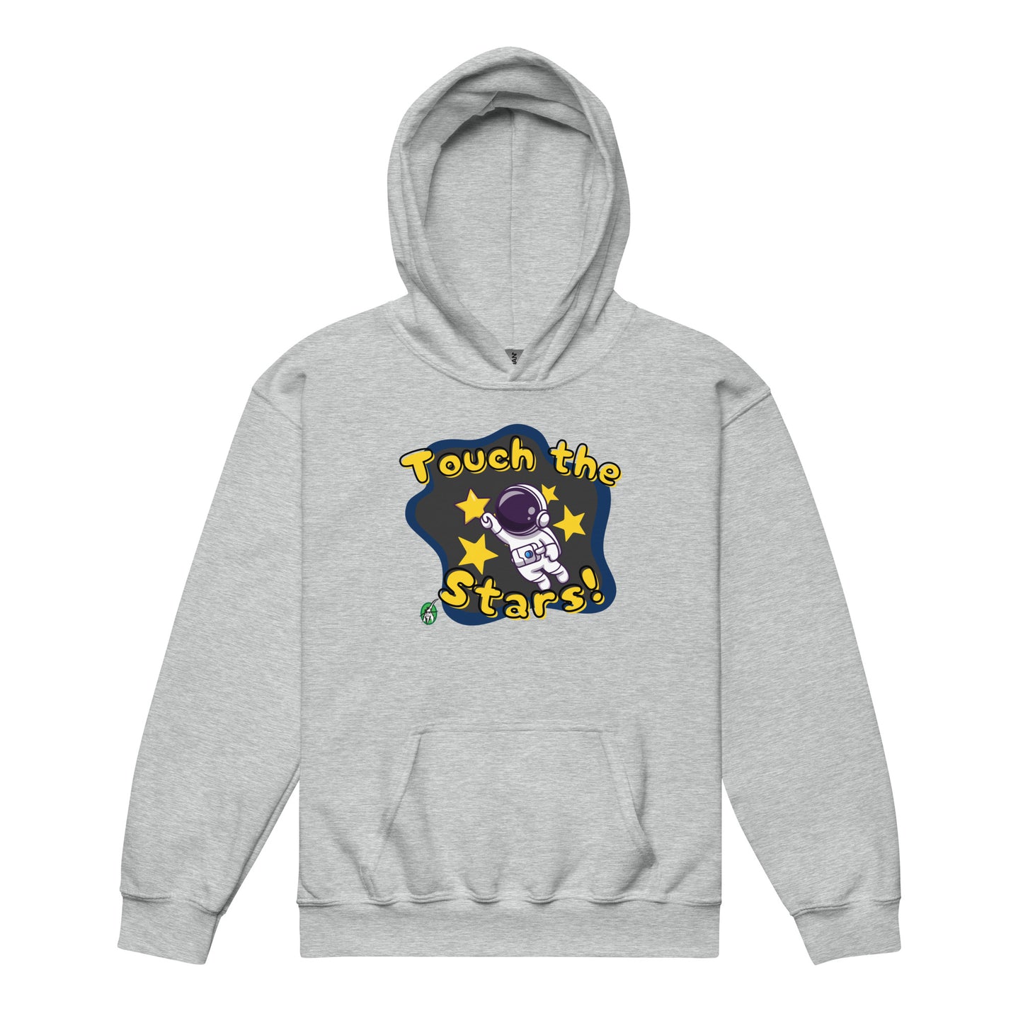 A Wizard Prints kids hoodie in grey with a printed graphic on the front of an astronaut with the words, Touch the Stars 