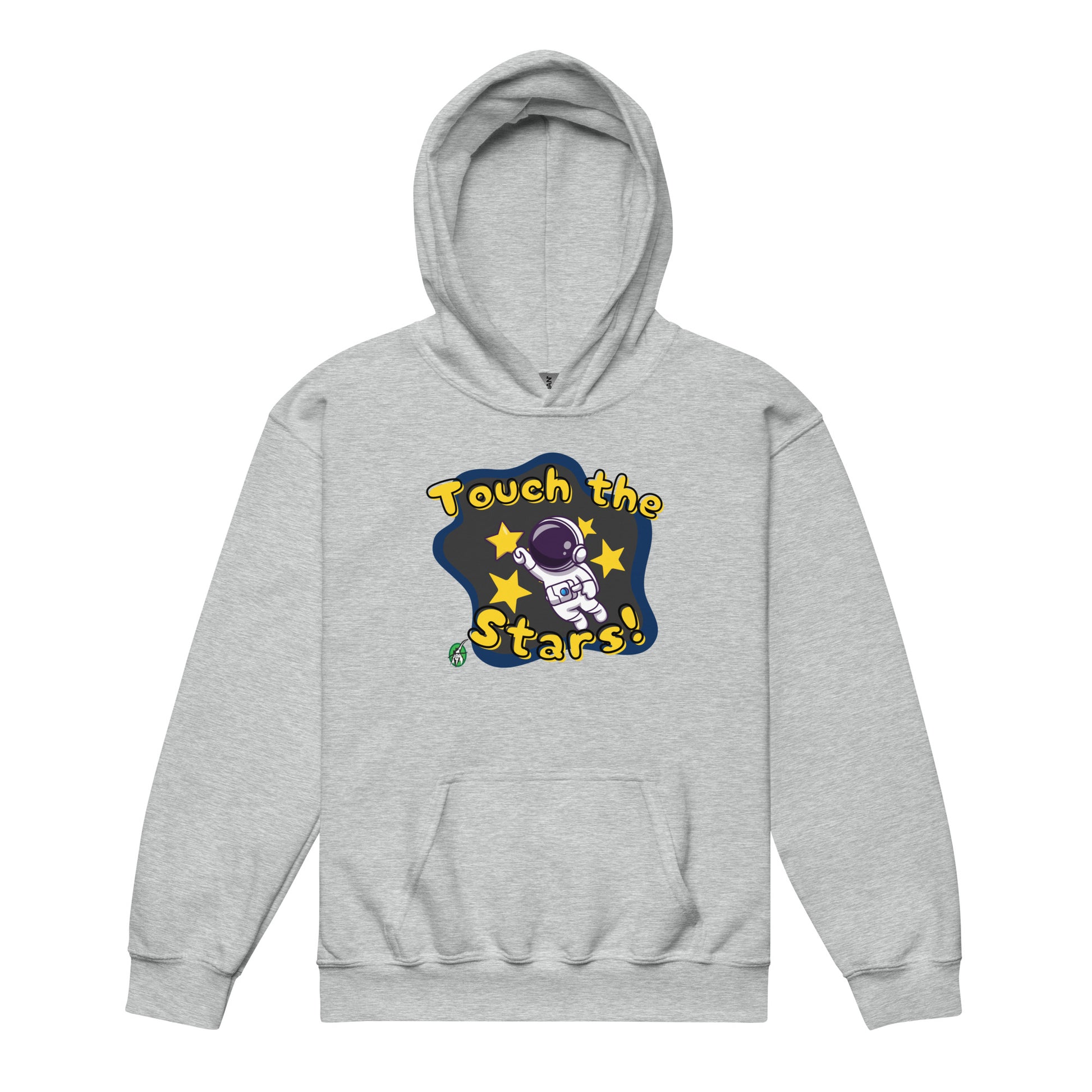 A Wizard Prints kids hoodie in grey with a printed graphic on the front of an astronaut with the words, Touch the Stars 