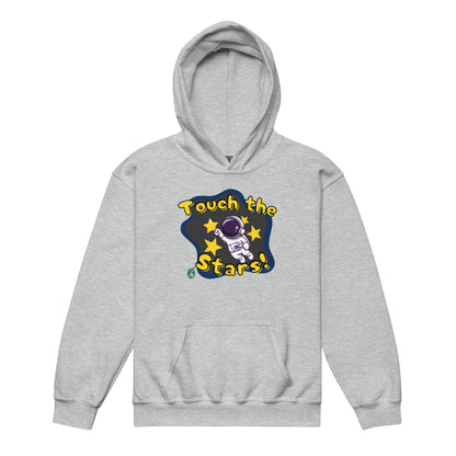 A Wizard Prints kids hoodie in grey with a printed graphic on the front of an astronaut with the words, Touch the Stars 