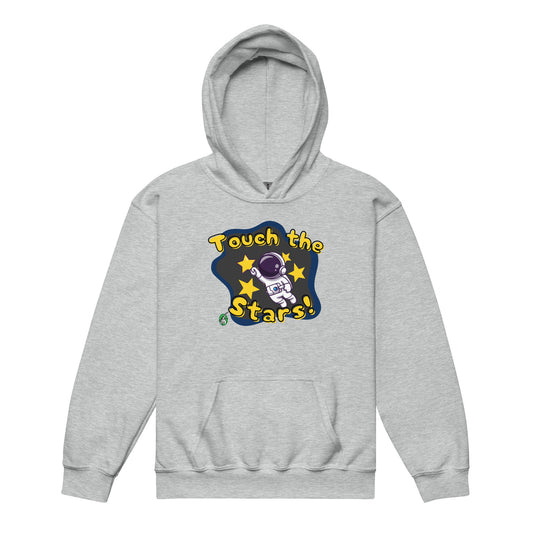 A Wizard Prints kids hoodie in grey with a printed graphic on the front of an astronaut with the words, Touch the Stars 