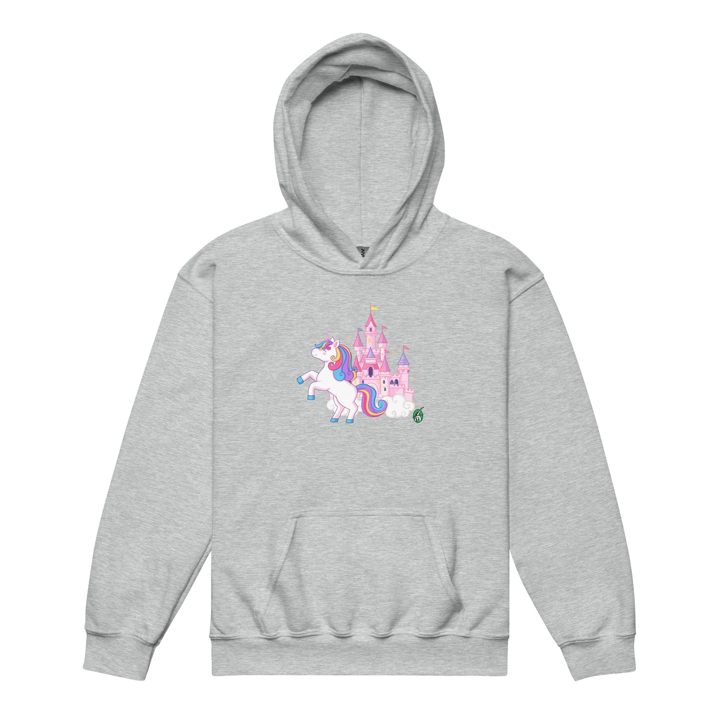 		A Wizard Prints kids hoodie in grey with a printed graphic on the front of unicorn prancing with a castle in the background
