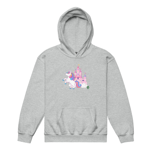		A Wizard Prints kids hoodie in grey with a printed graphic on the front of unicorn prancing with a castle in the background
