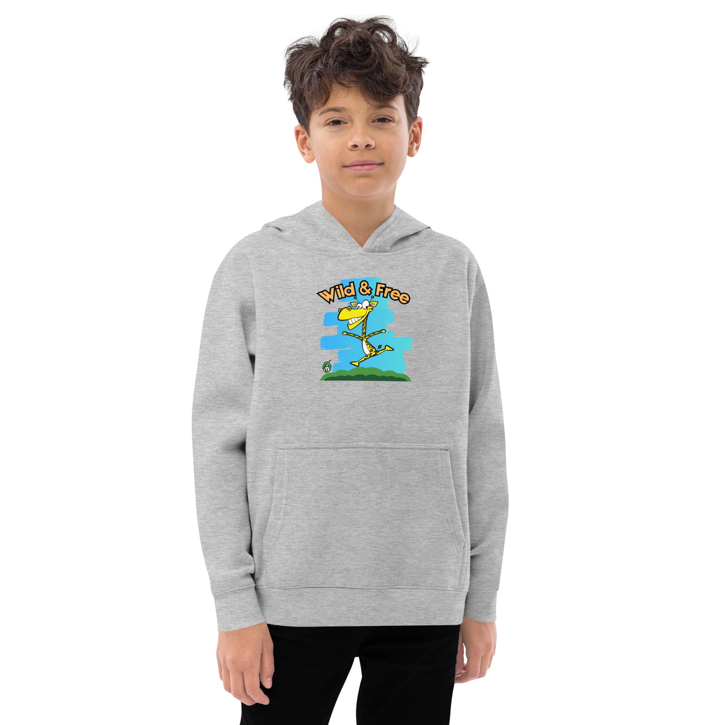 A boy standing wearing a grey hoodie with a funny graphic on the front of a giraffe running with the words, 'wild and free'  by Wizard Prints
