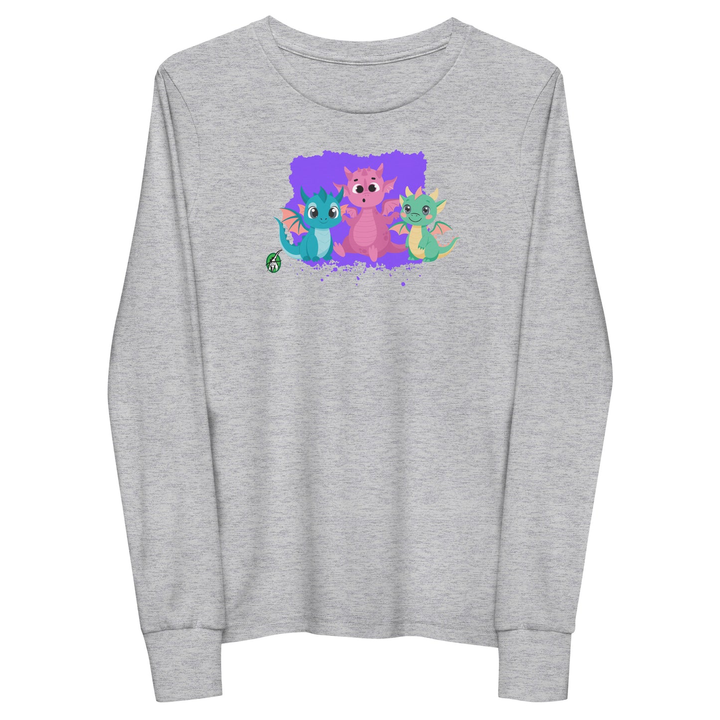 Kids' grey long-sleeve T-shirt featuring a printed graphic of colorful dragons, by Wizard Prints.