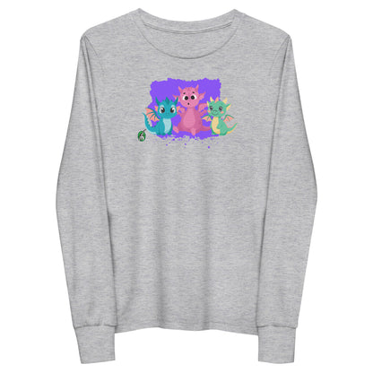 Kids' grey long-sleeve T-shirt featuring a printed graphic of colorful dragons, by Wizard Prints.