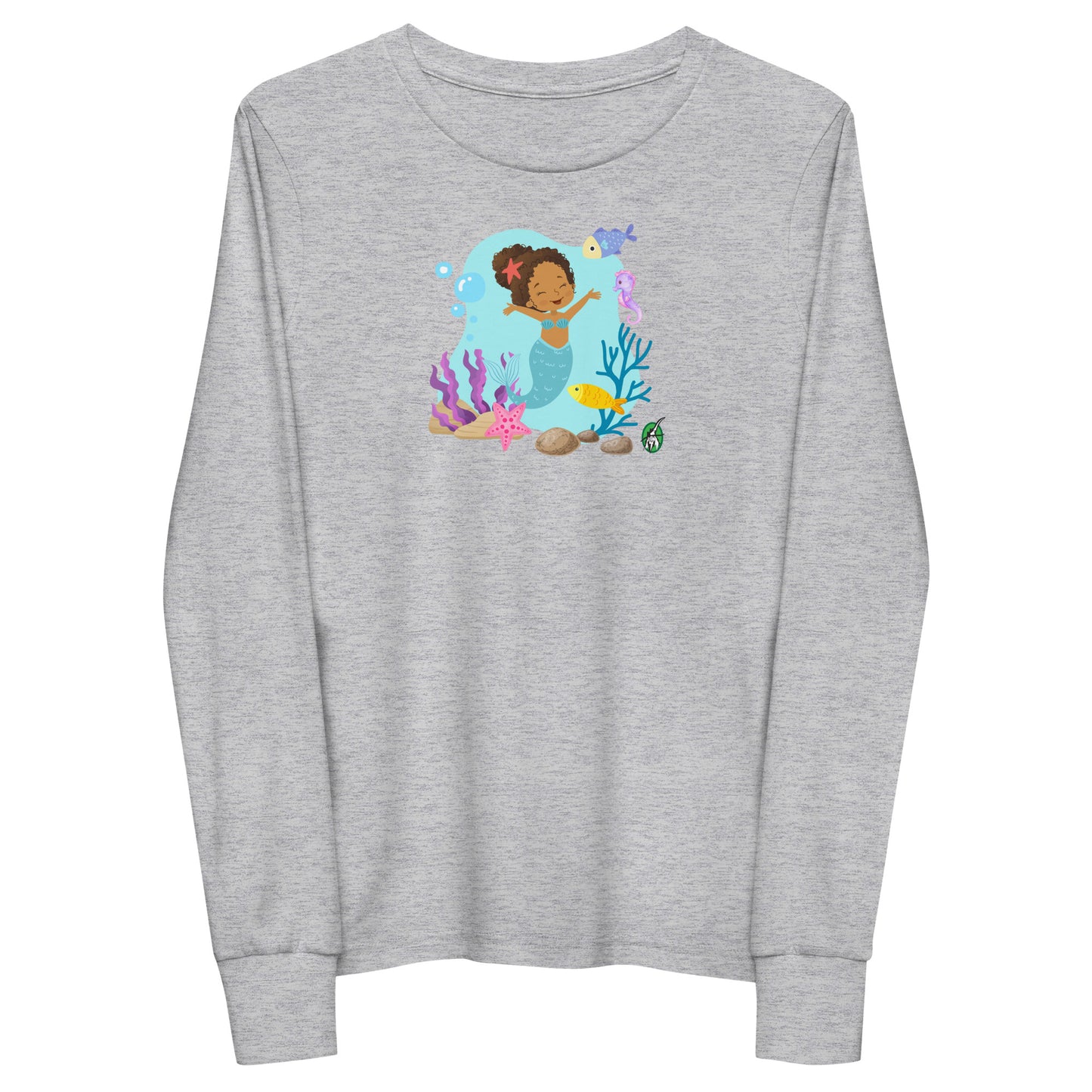Kids' grey long-sleeve T-shirt featuring a printed graphic of a curly head mermaid with sea creatures and water, by Wizard Prints.