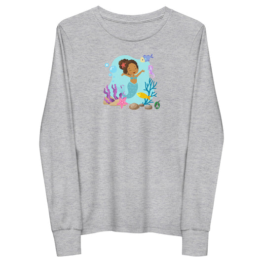 Kids' grey long-sleeve T-shirt featuring a printed graphic of a curly head mermaid with sea creatures and water, by Wizard Prints.