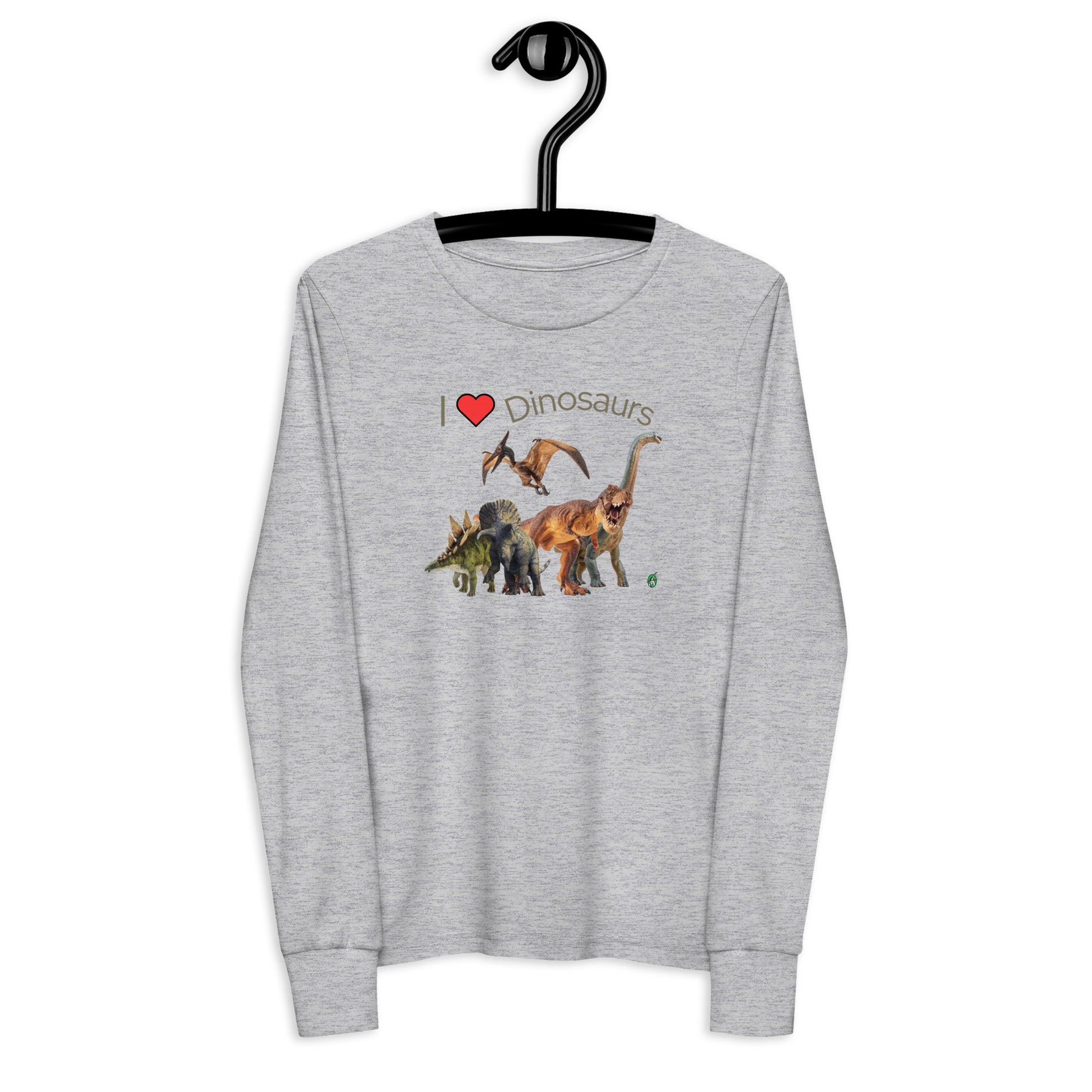 Kids' grey long-sleeve T-shirt featuring a printed graphic of life like dinosaurs and the words "I love Dinosaurs", by Wizard Prints.