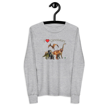 Kids' grey long-sleeve T-shirt featuring a printed graphic of life like dinosaurs and the words "I love Dinosaurs", by Wizard Prints.