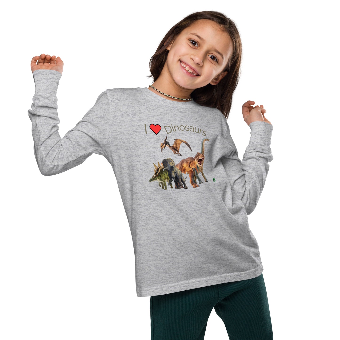 A girl standing and wearing a grey long-sleeve T-shirt featuring a printed graphic of life like dinosaurs and the words "I love Dinosaurs", by Wizard Prints.