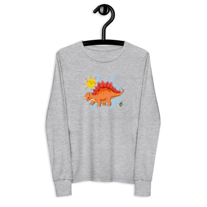 Kids' grey long sleeve t-shirt with a printed graphic of an orange dinosaur and the sun, by Wizard Prints.