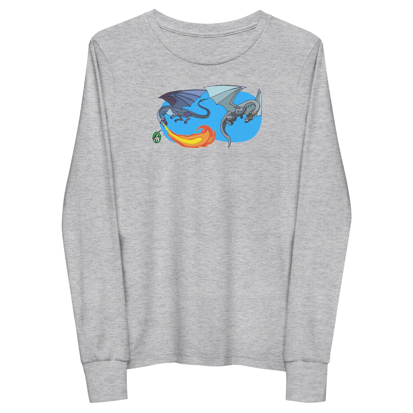 Kids' grey long-sleeve T-shirt featuring a printed graphic of two flying fiery dragons, by Wizard Prints.