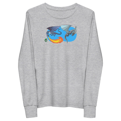 Kids' grey long-sleeve T-shirt featuring a printed graphic of two flying fiery dragons, by Wizard Prints.