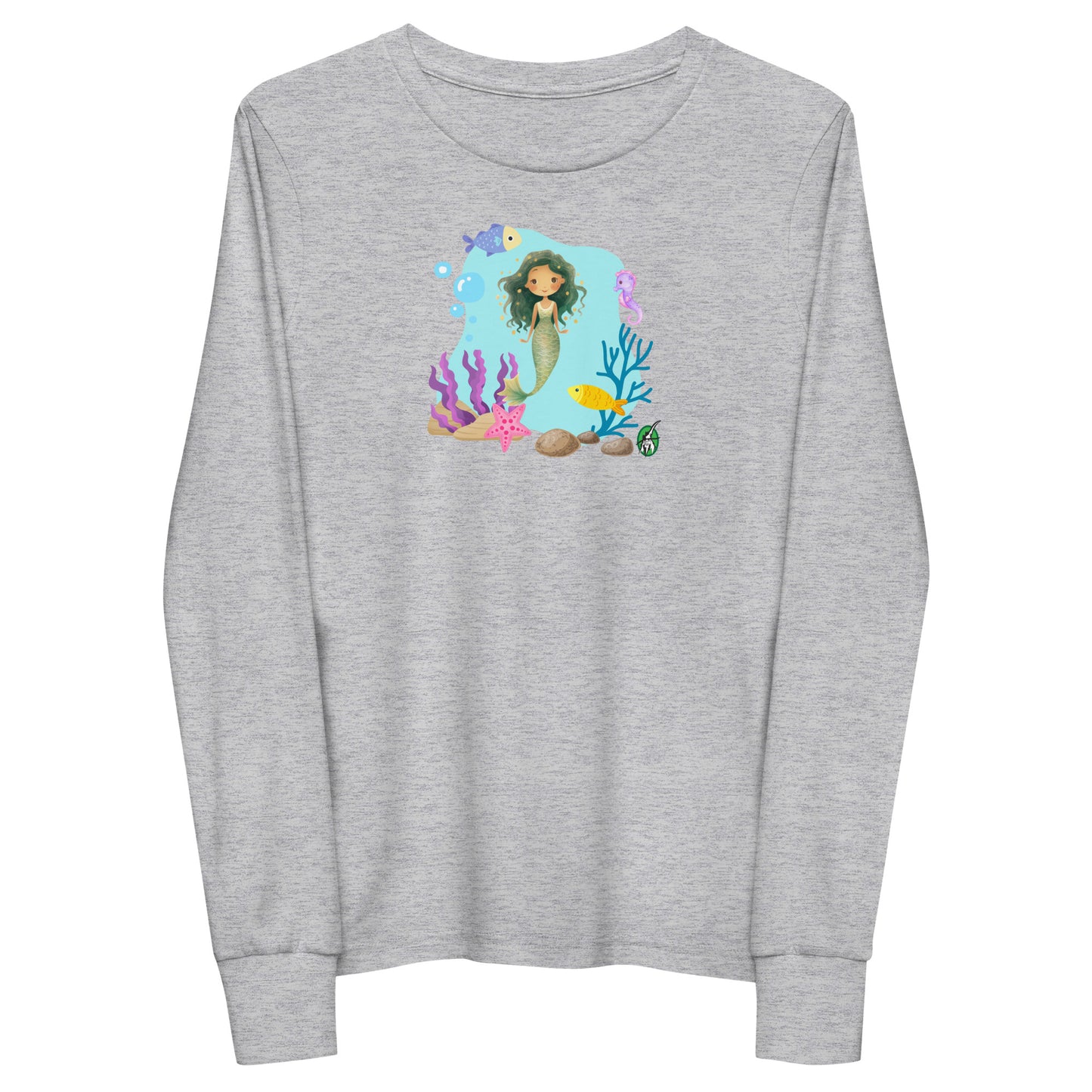 Kids' grey long-sleeve T-shirt featuring a printed graphic of a mermaid with sea creatures and water, by Wizard Prints.
