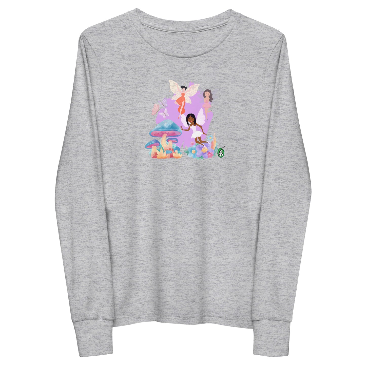 Kids' grey long-sleeve T-shirt featuring a printed graphic of fairies flying over mushrooms, by Wizard Prints.