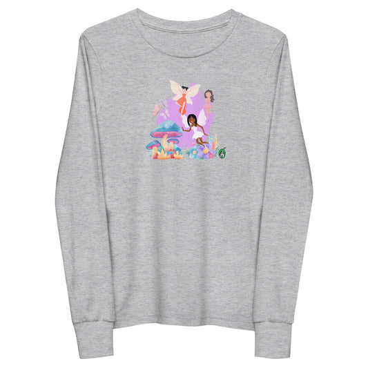 Kids' grey long-sleeve T-shirt featuring a printed graphic of fairies flying over mushrooms, by Wizard Prints.