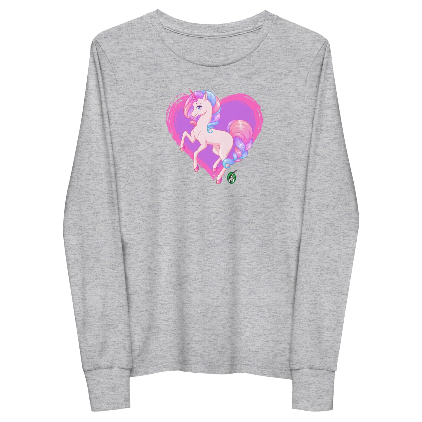 Kids' grey long-sleeve T-shirt featuring a printed graphic of a pink unicorn on a purple heart background, by Wizard Prints.