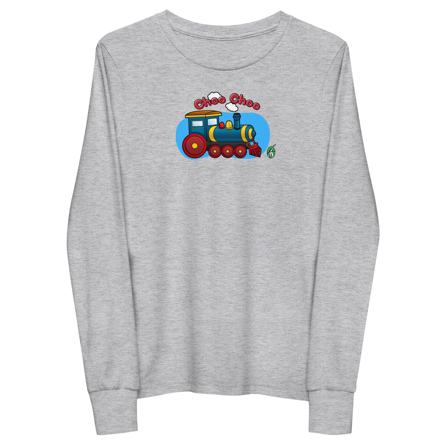 Kids' grey long-sleeve T-shirt featuring a printed graphic of a train and the words "Choo Choo", by Wizard Prints.