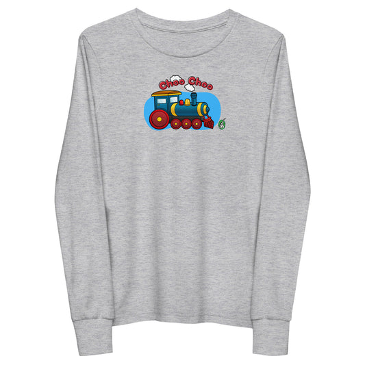 Kids' grey long-sleeve T-shirt featuring a printed graphic of a train and the words "Choo Choo", by Wizard Prints.