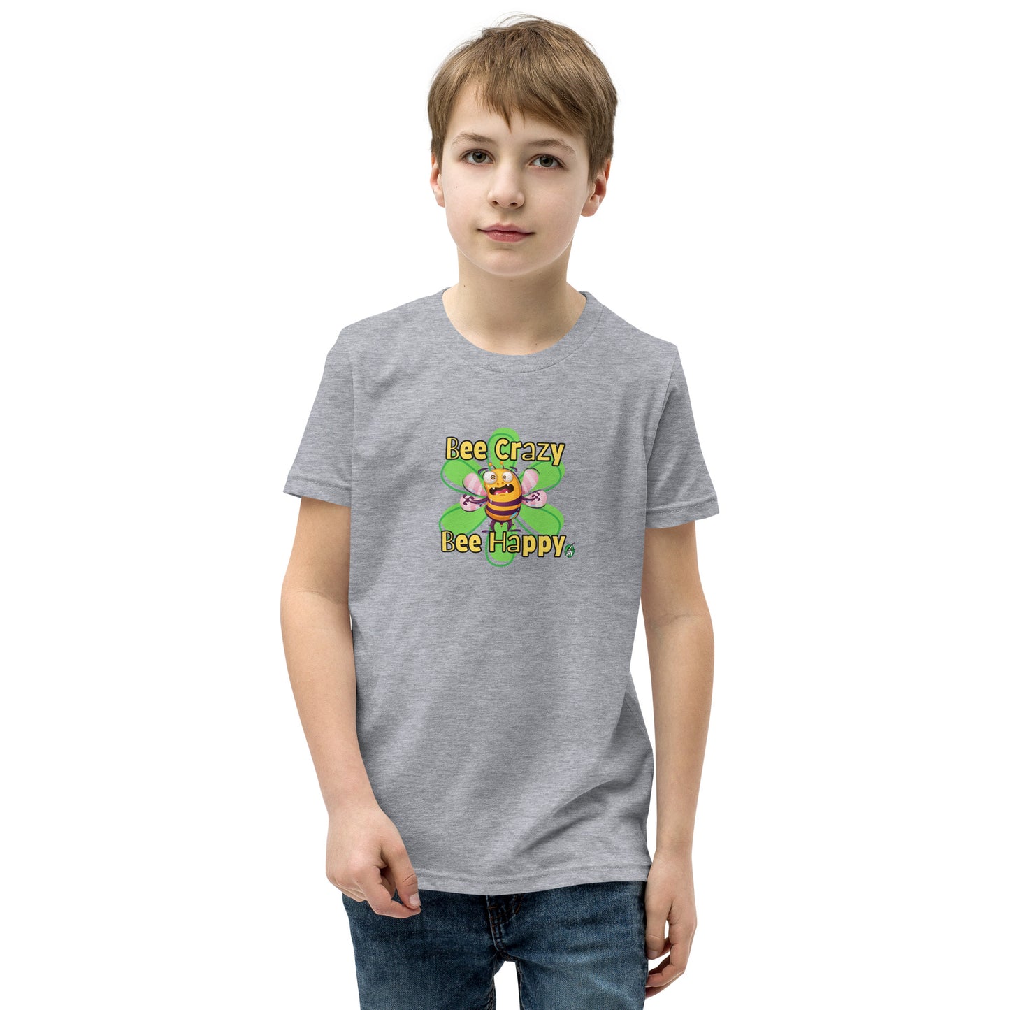  A boy standing wearing a grey kids t-shirt with the printed graphic of a crazy bee and the statement, Bee Crazy Bee Happy. Designed by Wizard Prints