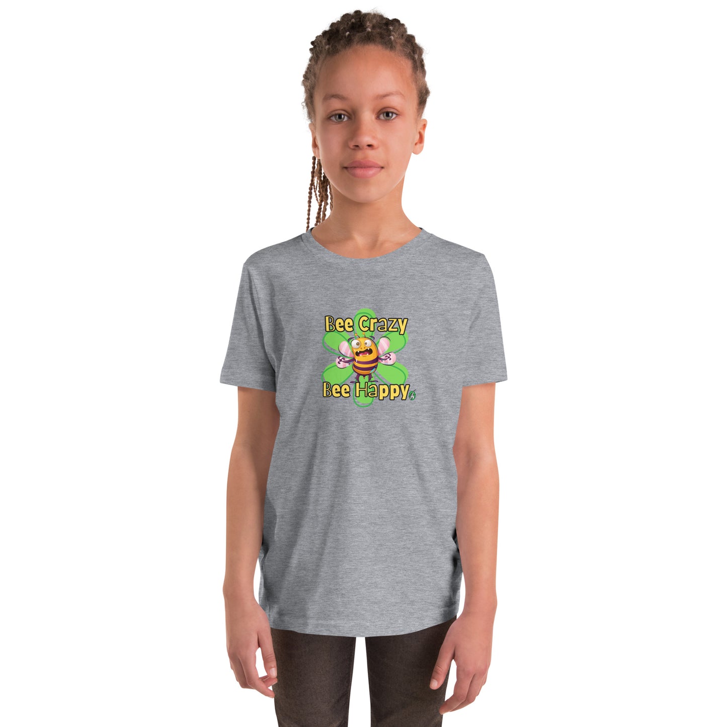  A girl standing wearing a grey kids t-shirt with the printed graphic of a crazy bee and the statement, Bee Crazy Bee Happy. Designed by Wizard Prints
