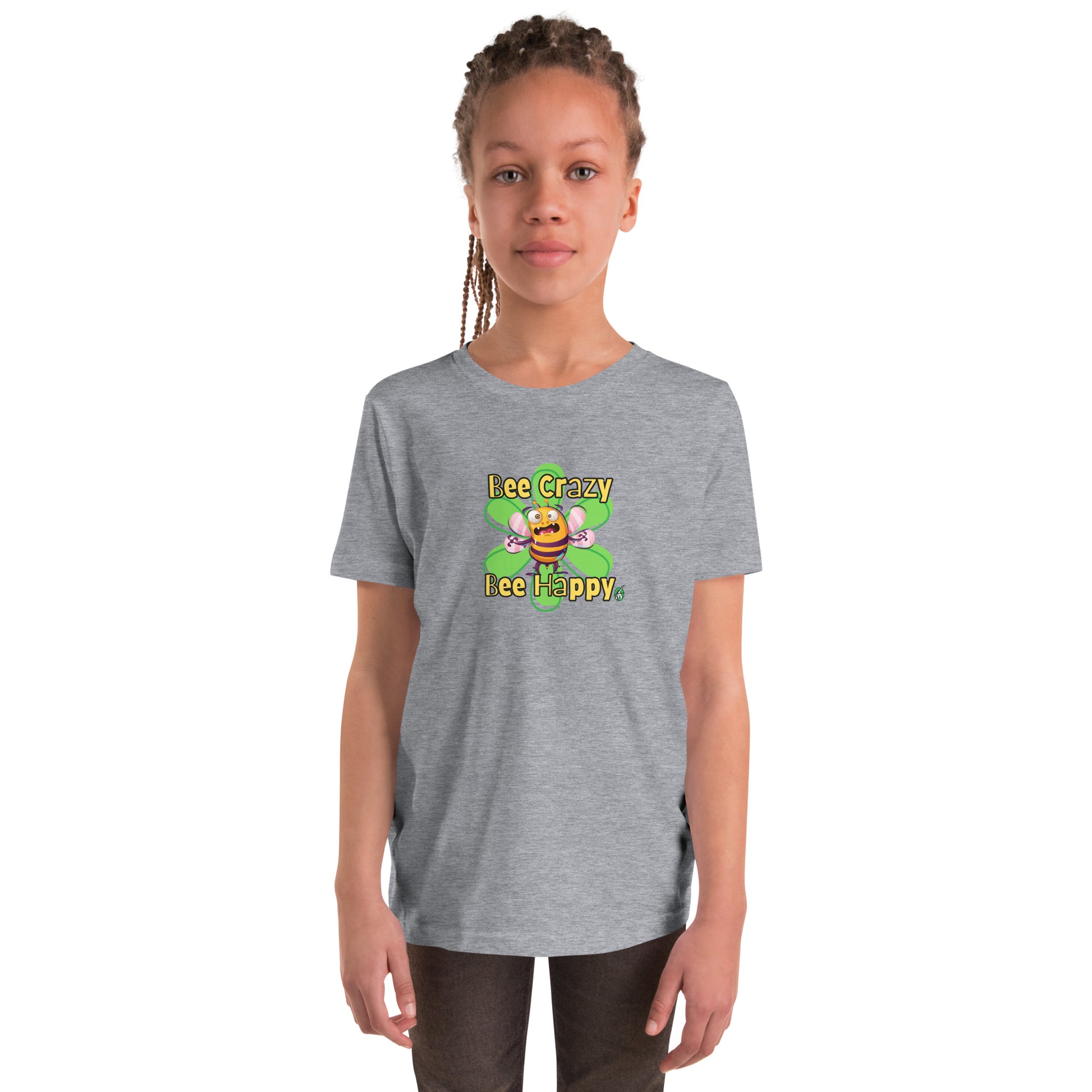  A girl standing wearing a grey kids t-shirt with the printed graphic of a crazy bee and the statement, Bee Crazy Bee Happy. Designed by Wizard Prints