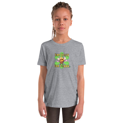  A girl standing wearing a grey kids t-shirt with the printed graphic of a crazy bee and the statement, Bee Crazy Bee Happy. Designed by Wizard Prints