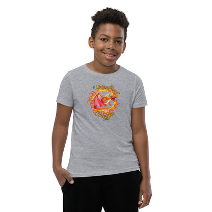  A boy standing wearing a grey kids t-shirt with the printed graphic of a fire-breathing dragon with the statement, Unleash the Dragon. Designed by Wizard Prints