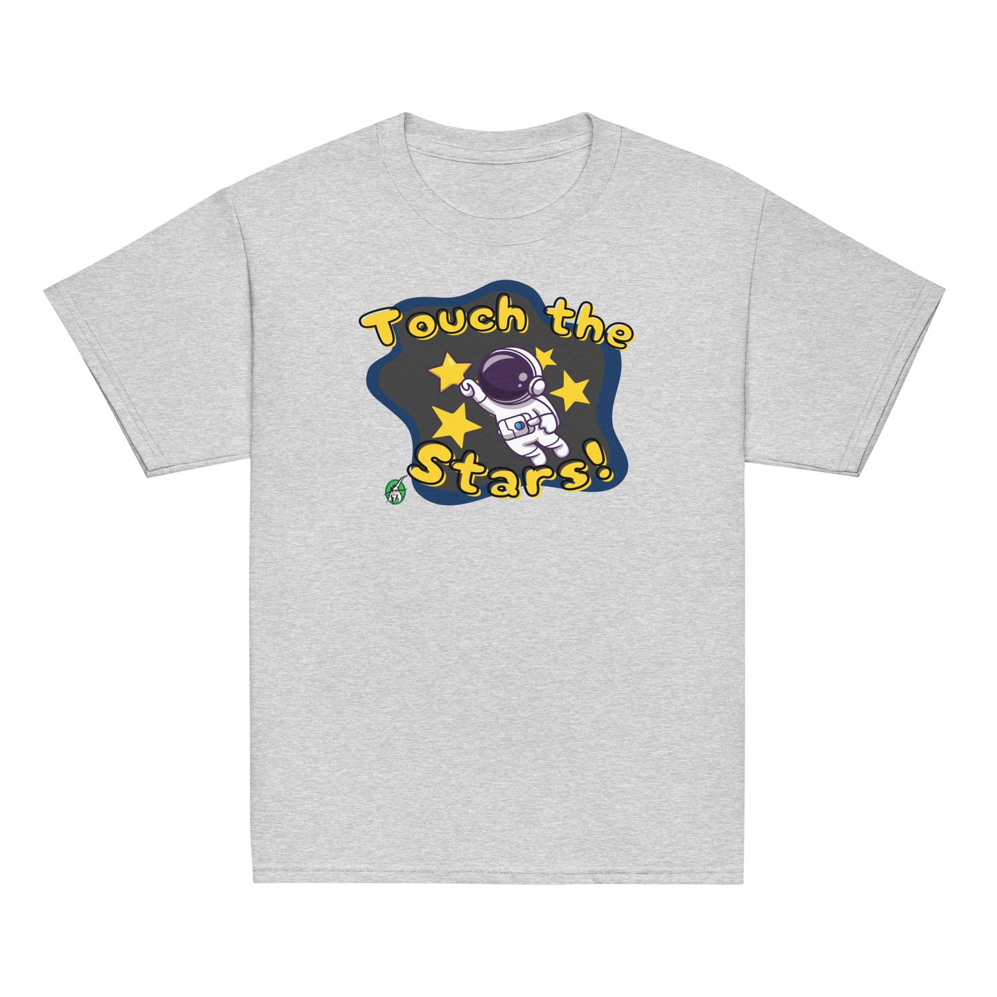 Kids' grey t-shirt featuring a printed graphic of a cartoon astronaut and the words, 'Touch the Stars'. Designed by Wizard Prints.