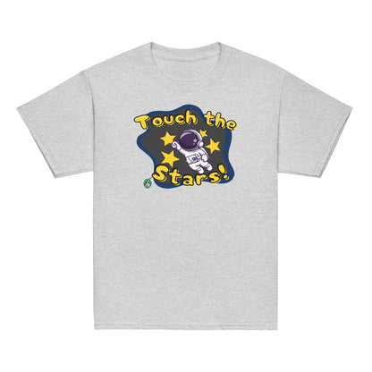 Kids' grey t-shirt featuring a printed graphic of a cartoon astronaut and the words, 'Touch the Stars'. Designed by Wizard Prints.