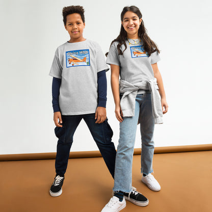A boy and girl standing and wearing grey t-shirts featuring a printed graphic of a vintage airplane and the words, Flying High. Designed by Wizards Prints.