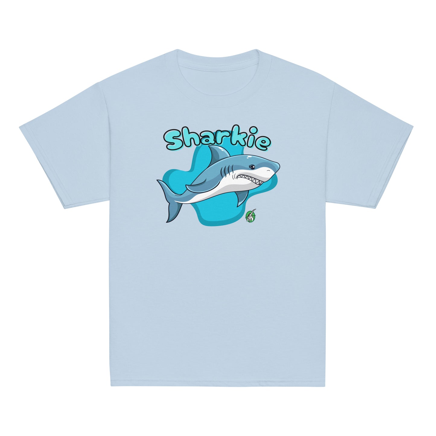 Kids' light blue t-shirt featuring a printed graphic of a cartoon a shark and the word, 'Sharkie', by Wizard Prints.