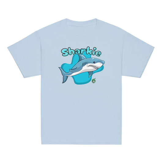 Kids' light blue t-shirt featuring a printed graphic of a cartoon a shark and the word, 'Sharkie', by Wizard Prints.