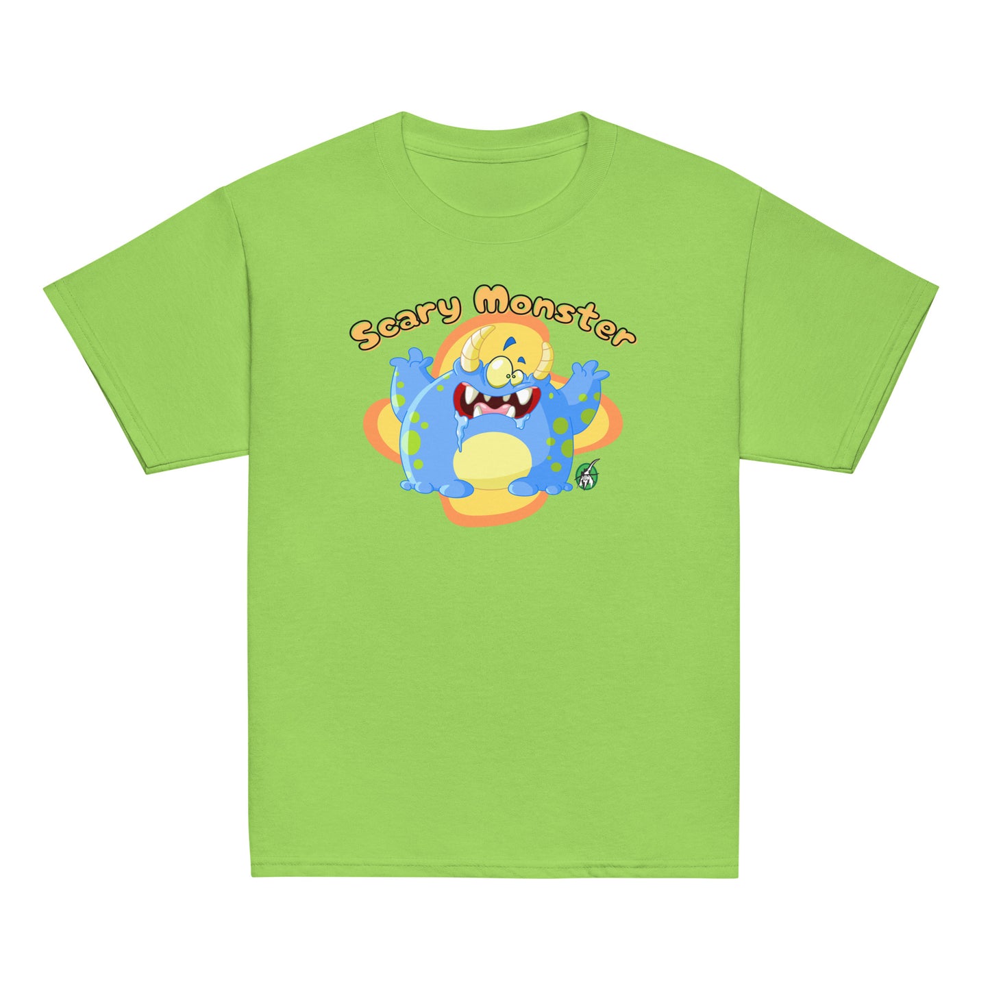 Kids' lime green t-shirt featuring a printed graphic of a cartoon monster and the words, 'Scary Monster', by Wizard Prints.