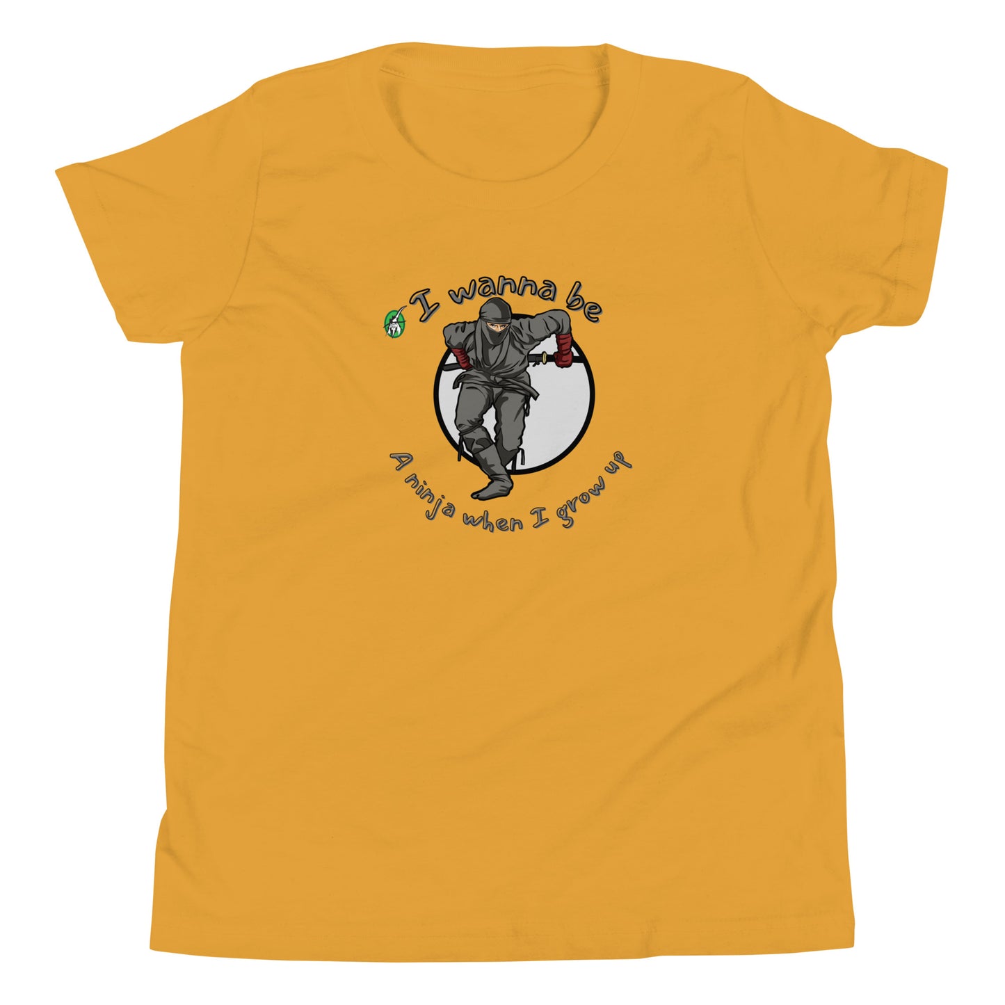 A mustard kids graphic tee shirt with a ninja and the words I wanna be a ninja when I grow up, by Wizard Prints