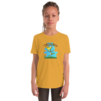 A girl standing wearing a mustard t-shirt with a funny graphic on the front of a giraffe running with the words, 'wild and free'  by Wizard Prints
