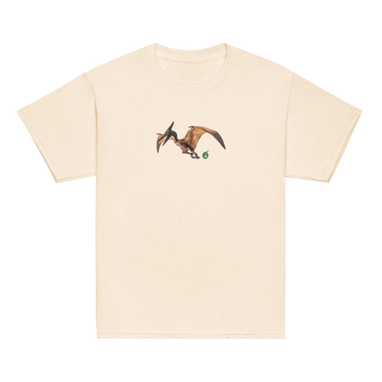 A Wizard Prints kids t-shirt in natural colour with a printed graphic on the front of a dinosaur 