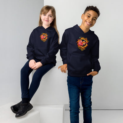  A boy standing and a girl sitting both wearing a navy blue kids graphic hoodie with a red dragon breathing fire and the statement unleash the dragon, by Wizard Prints