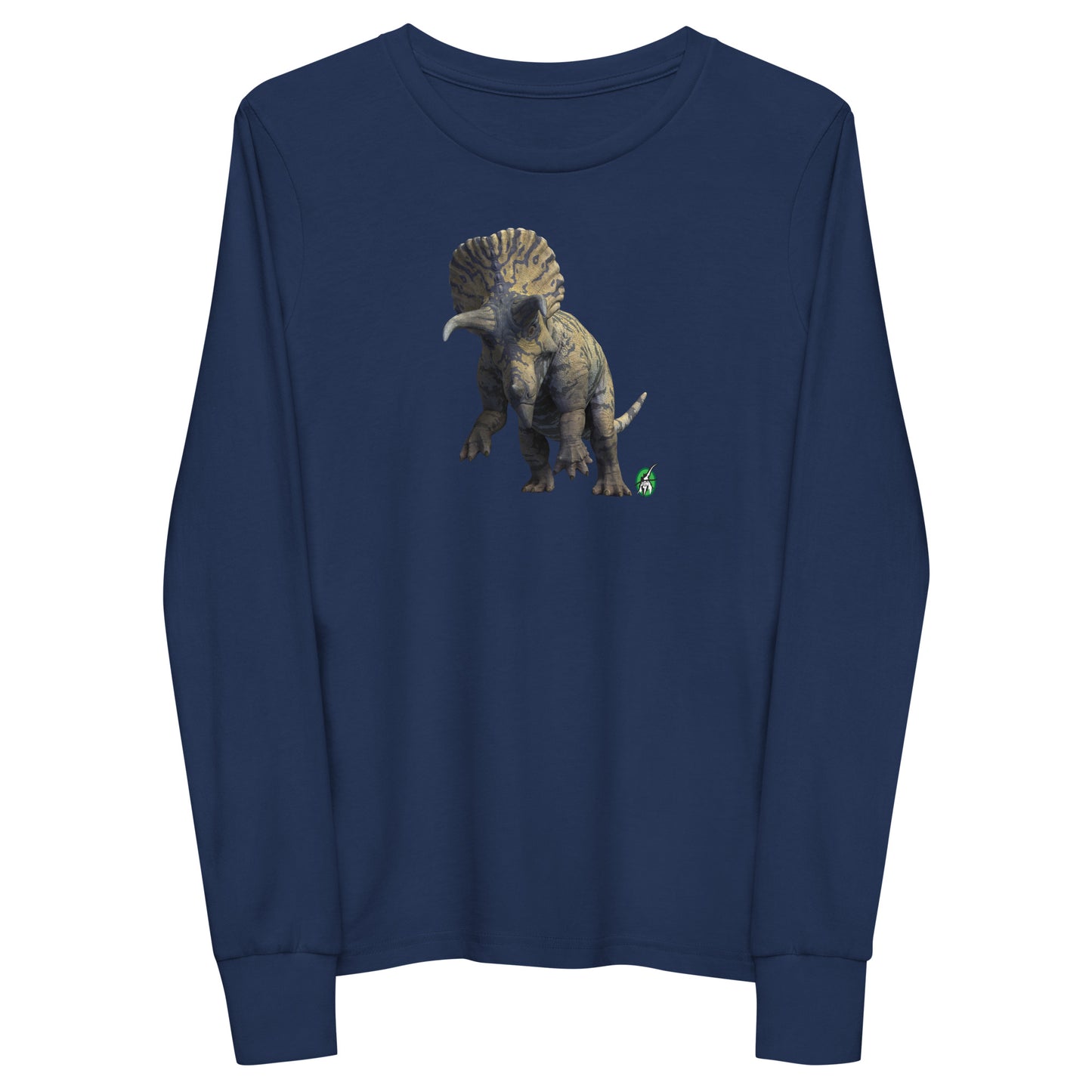 Kids' navy blue long-sleeve T-shirt featuring a printed graphic of a life like Triceratops, by Wizard Prints.