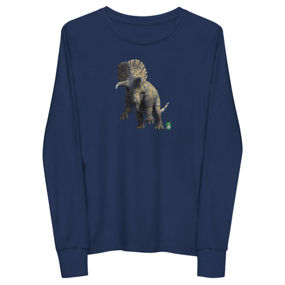 Kids' navy blue long-sleeve T-shirt featuring a printed graphic of a life like Triceratops, by Wizard Prints.