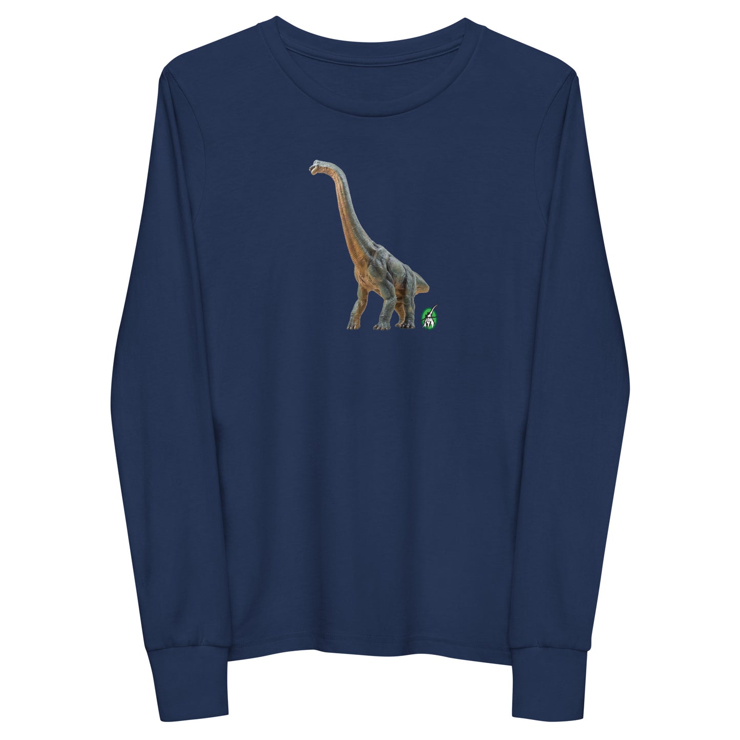 Kids' navy blue long-sleeve T-shirt featuring a printed graphic of life like Brachiosaurus, by Wizard Prints.