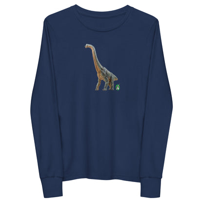 Kids' navy blue long-sleeve T-shirt featuring a printed graphic of life like Brachiosaurus, by Wizard Prints.
