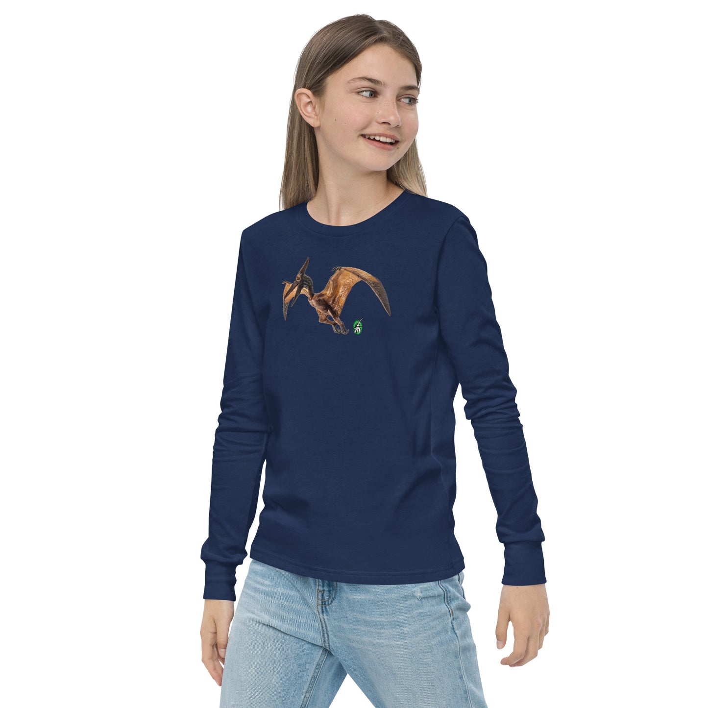 A girl standing and wearing a navy blue long-sleeve T-shirt featuring a printed graphic of a Pterodactyl, by Wizard Prints.