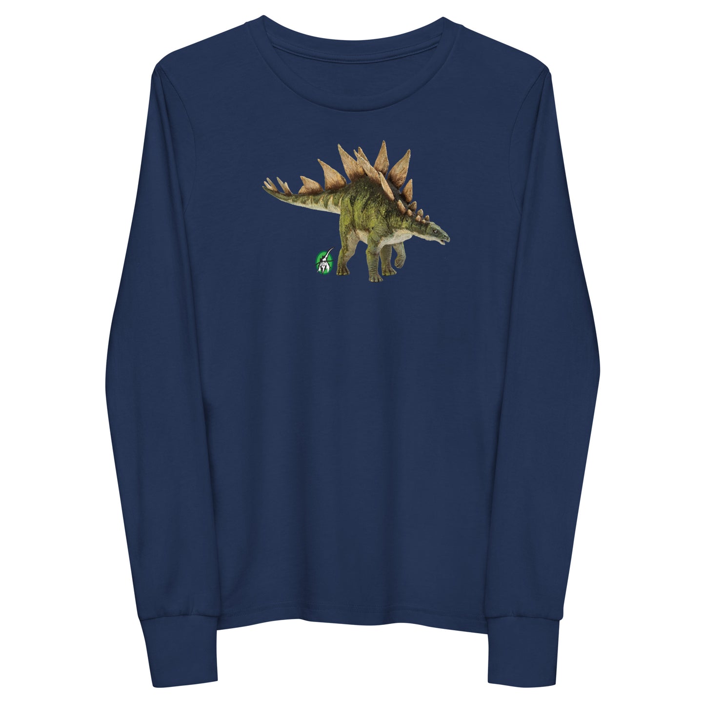 Kids' navy blue long-sleeve T-shirt featuring a printed graphic of life like Stegosaurus, by Wizard Prints.