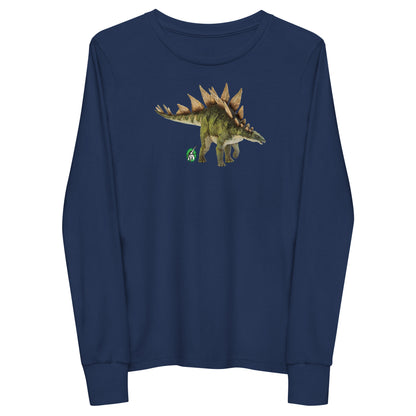 Kids' navy blue long-sleeve T-shirt featuring a printed graphic of life like Stegosaurus, by Wizard Prints.