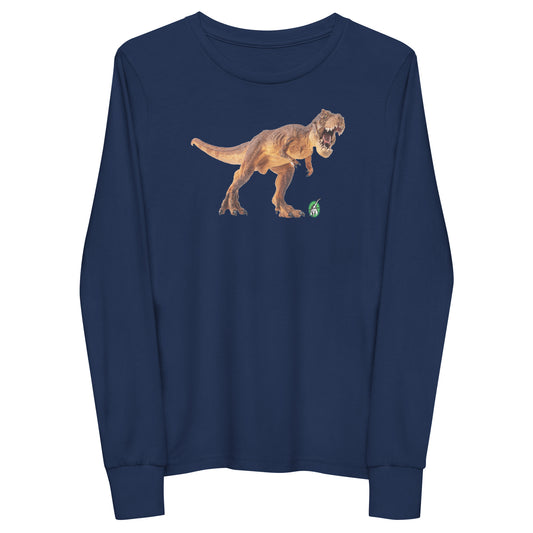 Kids' navy blue long-sleeve T-shirt featuring a printed graphic of a life like T-rex, by Wizard Prints.